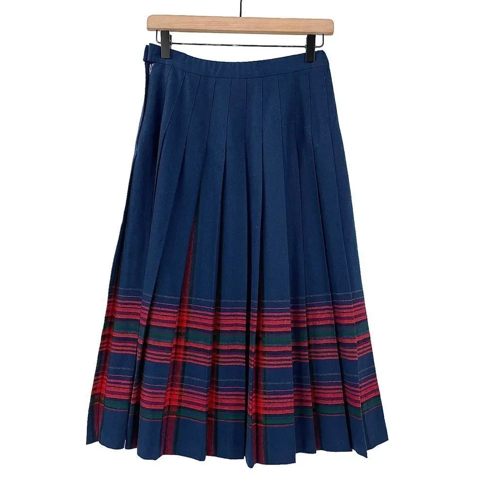 Vintage Pendleton Wool Skirt Pleated Accordion Midi Length Navy Red Plaid | 6 P